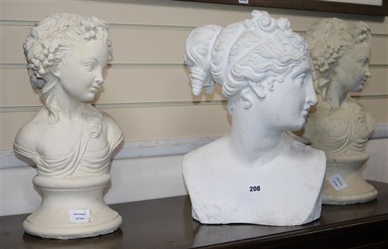 Three white composition busts of young women tallest 44cm